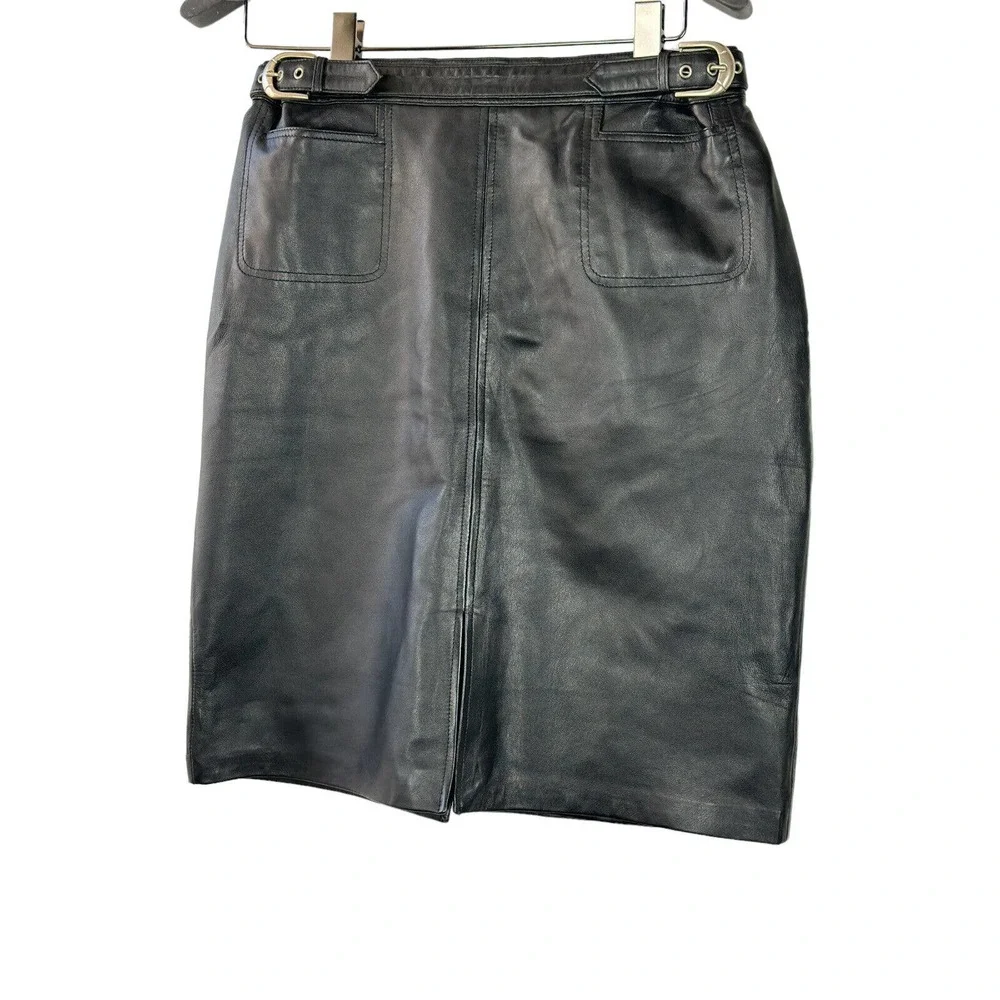 Saguaro Genuine Soft Leather Double Slit Buckle Skirt Black Women's Size 14 - Picture 10 of 16